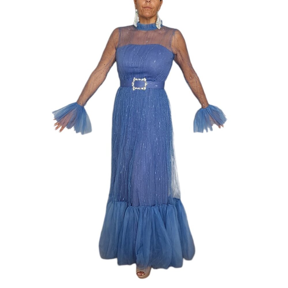 Women's Blue Tulle Evening Gown with Sheer Sleeves Rhinestone Belt Size L